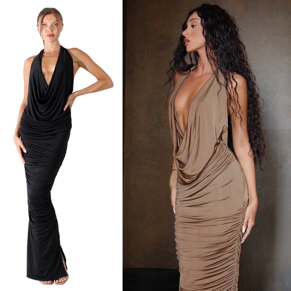 Mother of All | NWT Ruby Maxi Dress in Black Cowl Neck Low Back Slinky Gown M